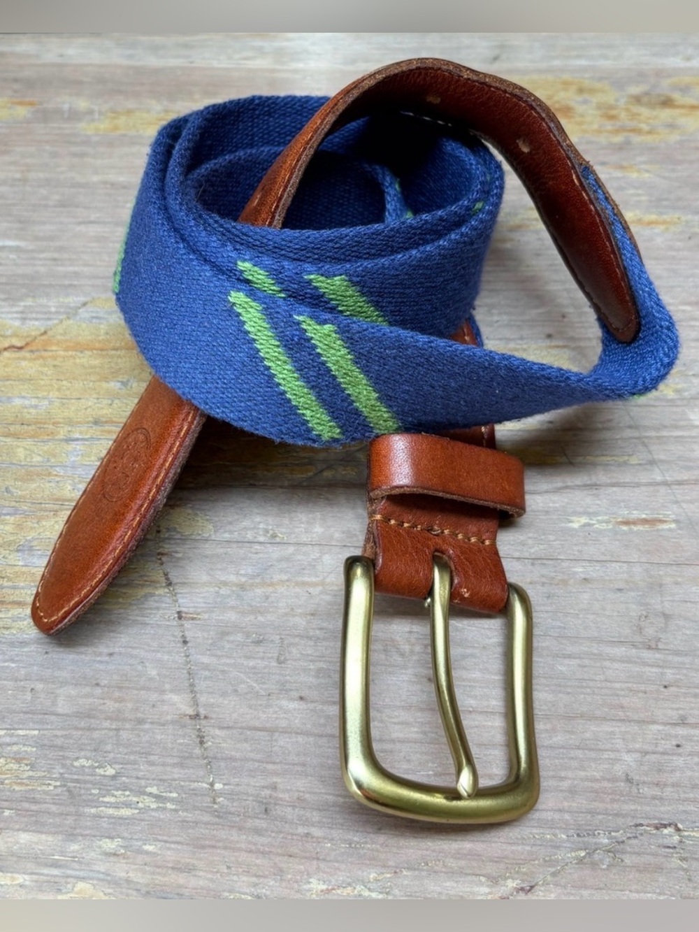 Southern Proper Blue Web Belt Green Diagonal Stripes & Brown Leather Ends 34
